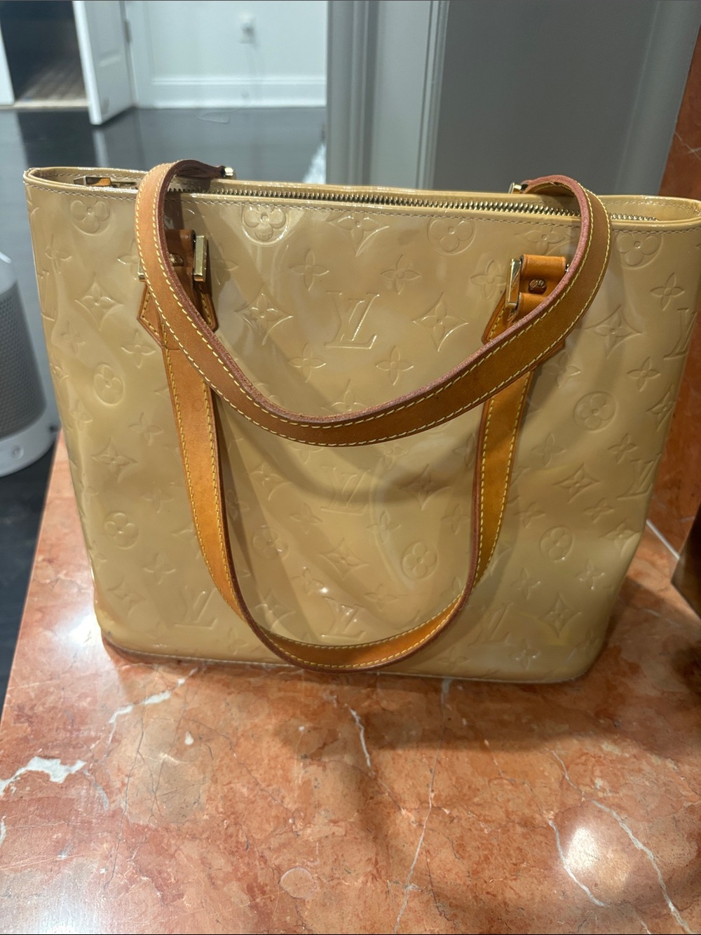 Louis Vuitton Beige Vernis Patent Monogram Tote with Vachetta Straps